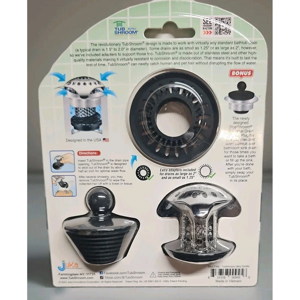 TubShroom Ultra Platinum Bundle Hair Catcher Stainless Steel TSULT455 Silver